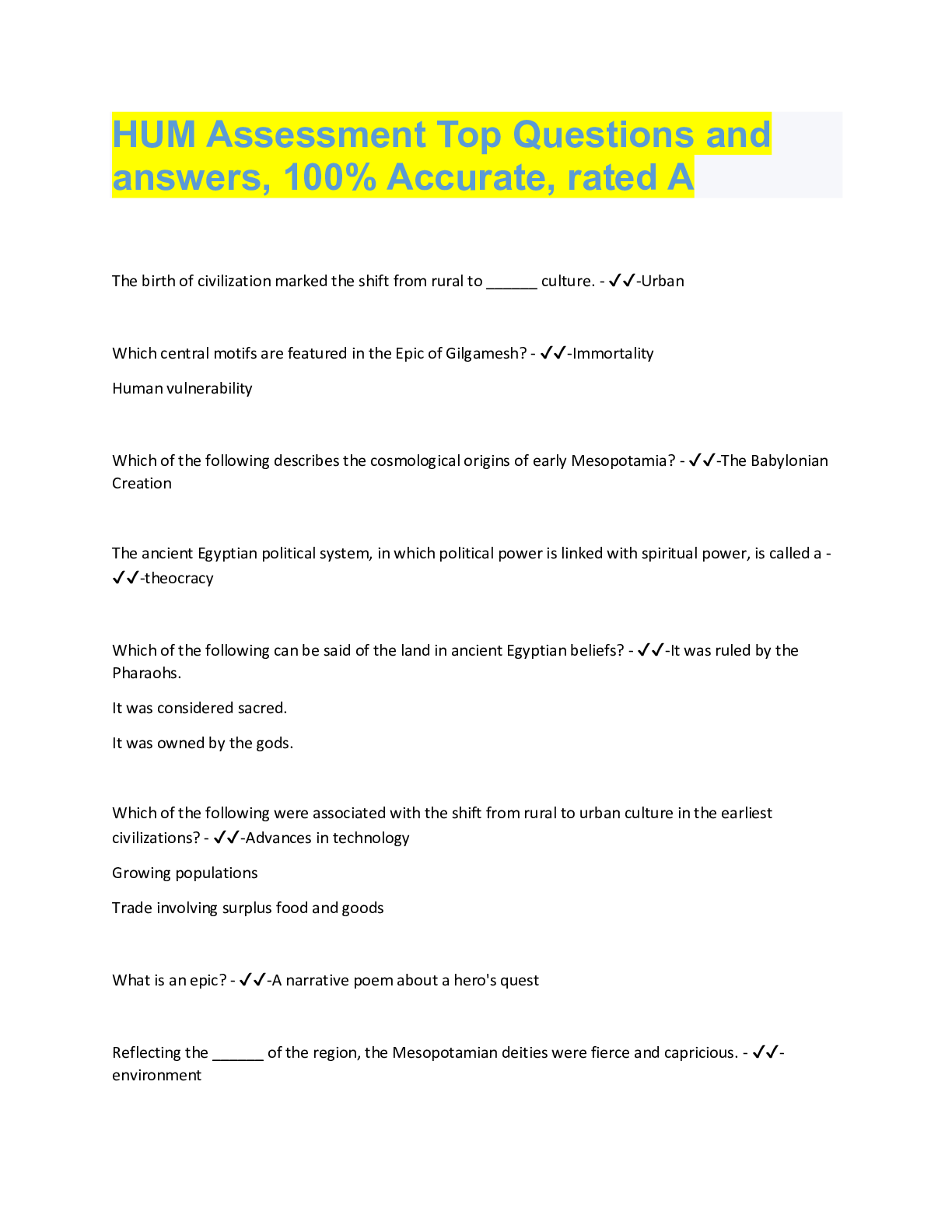 Preview image for HUM Assessment Top Questions and  answers, 100% Accurate, rated A